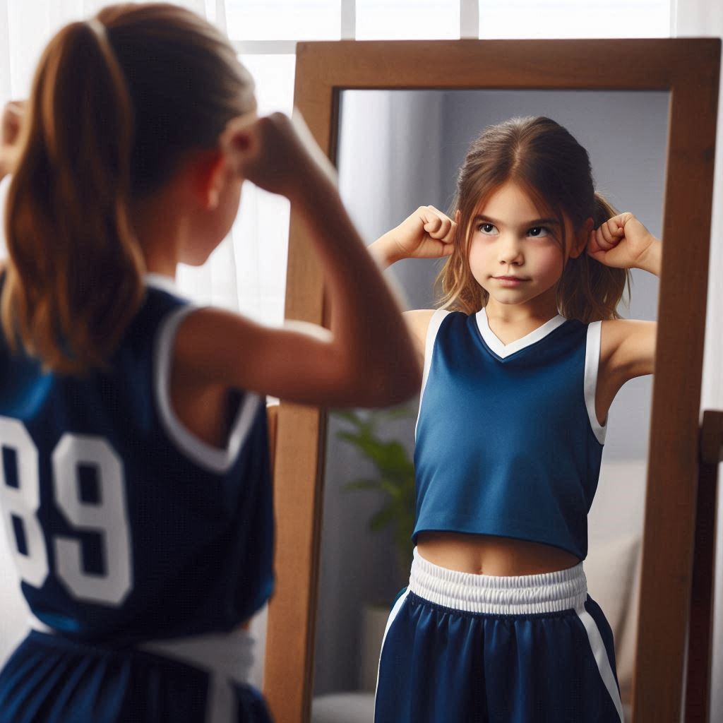 Benefits of youth sports Child flexing in a mirror.